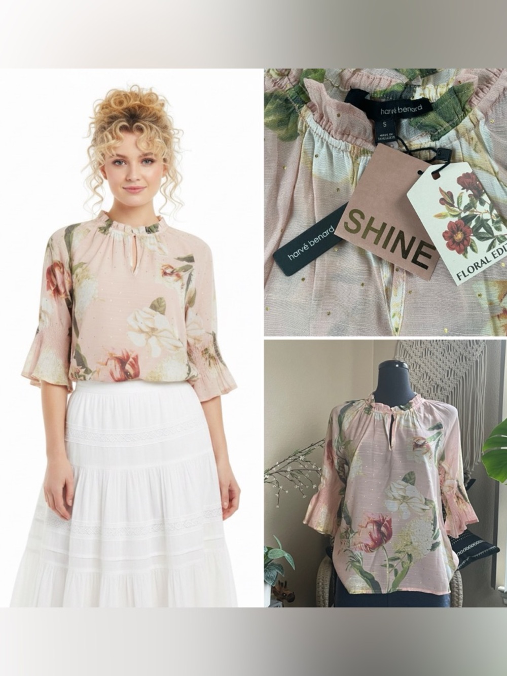 Pink Floral Ruffle Tie-Neck Blouse with Gold Accent